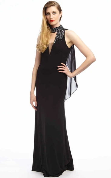 High-Neck Beaded Prom Dress Sheath Floor-Length Chiffon with Draping