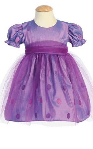 Embroidered Tea-Length Tulle&Taffeta Flower Girl Dress with Bow