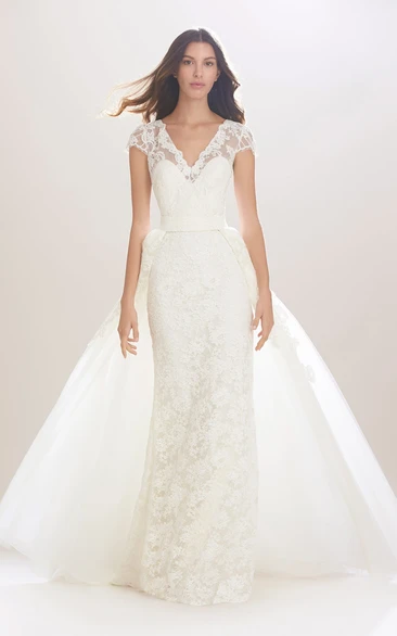 Illusion Cap-Sleeve Lace Wedding Dress with Ribbon Sheath Style for Brides
