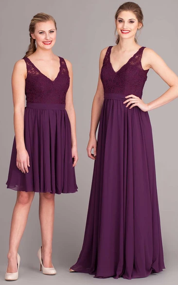 Pleated Chiffon V-Neck Bridesmaid Dress with Lace and Sleeveless Design