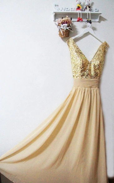 V-neck A-line Chiffon Prom Dress with Gold Sequins