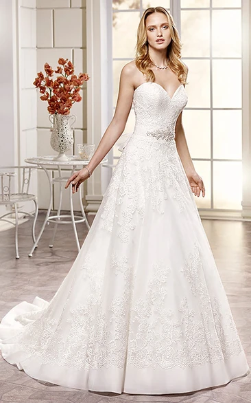 A-Line Sweetheart Floor-Length Lace&Satin Wedding Dress with Jeweled Appliques and Sash