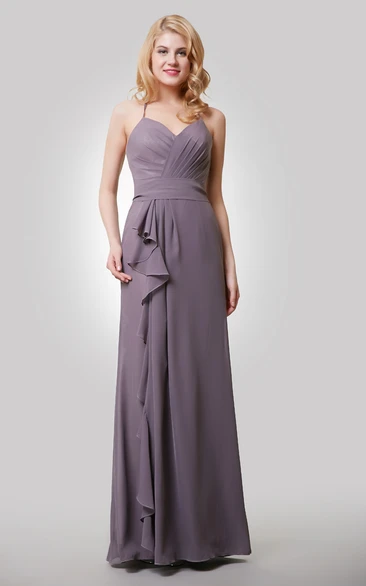 Long Chiffon Bridesmaid Dress with Side Draping and Spaghetti Straps