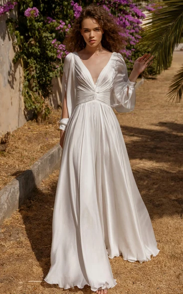 Modest Satin Deep V-Neck Backless Wedding Dress with Long Sleeve Train
