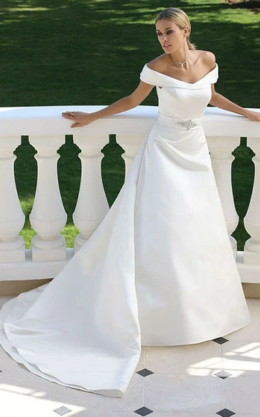 Satin Wedding Dress with Broach and Watteau Train Off-The-Shoulder