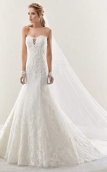 Mermaid Lace Wedding Dress with Strapless Illusive Details and Brush Train