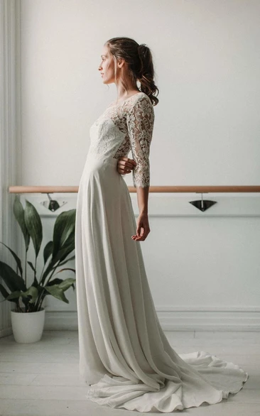 Lace & Chiffon Sheath 3/4 Sleeve Backless Wedding Dress Elegant & Romantic