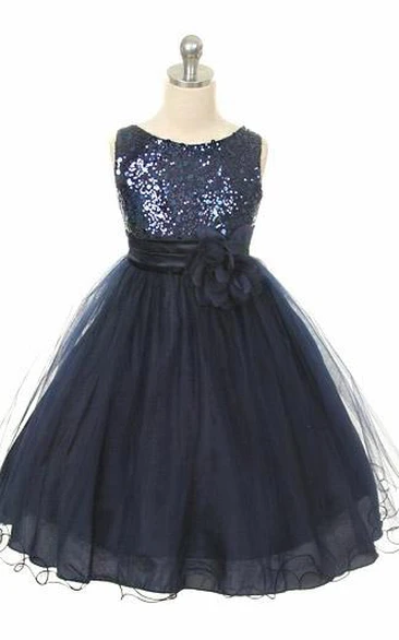 Floral Tea-Length Flower Girl Dress with Sequins and Satin