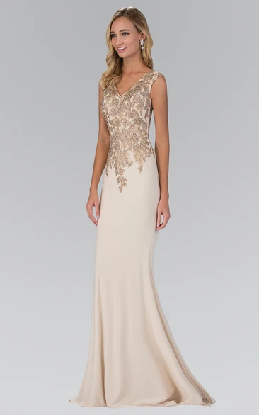 V-Neck Applique and Beaded Jersey Formal Dress