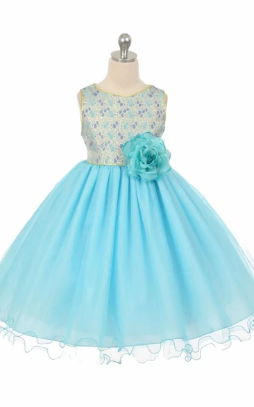 Beaded Tulle Flower Girl Dress with Sash Tea-Length Bridesmaid Dress