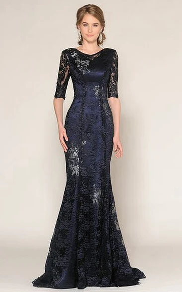 Half-Sleeve Mermaid Lace Prom Dress with Scoop-Neck and Floor-Length