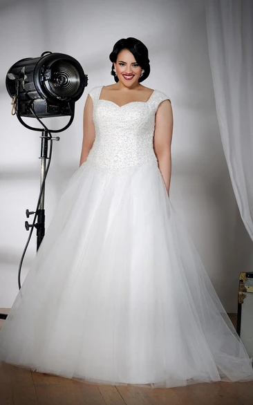 Caped-Sleeve Tulle A-Line Wedding Dress With Beaded Bodice and Square Neckline