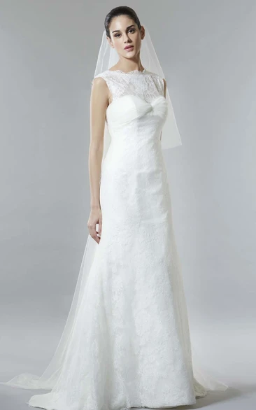 A-Line Jewel Long Lace Wedding Dress with Ruched Cap-Sleeves Simple Wedding Dress