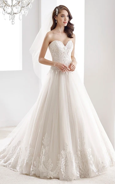 Embroidered Lace Bodice Open Back Sweetheart A-line Bridal Dress