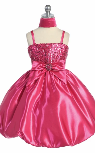 Cap-Sleeve Sequin Flower Girl Dress with Cape Knee-Length