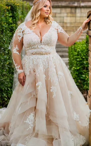 Plus Size V-neck Elegant Boho Lace A-Line Ball Gown for Chubby Arms Long Sleeve Wedding Dress