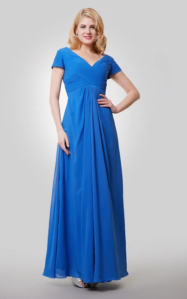 Short Sleeve V-Neck Chiffon Bridesmaid Dress with Ruching Flowy and Elegant