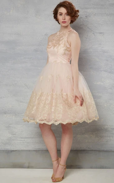 Tulle Wedding Dress with Appliques High Neck Sleeveless Knee-Length A-Line