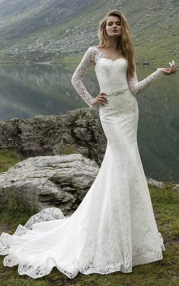 Lace Low V Back Long Sleeve Sheath Wedding Dress with Crystal Detailing