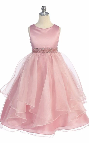 Tiered Organza Flower Girl Dress Tea-Length with Beads and Sequins
