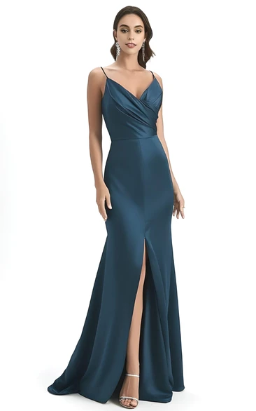 Satin Sleeveless Mermaid Elegant Evening Dress Split Front
