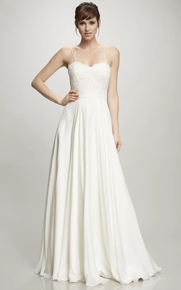 Chiffon Spaghetti Wedding Dress with Appliques Long Pleated