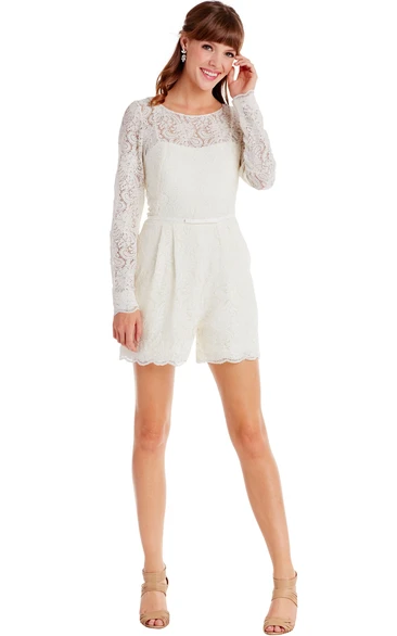 Long-Sleeve Lace Knee-Length Little White Formal Dress with Scoop Neck