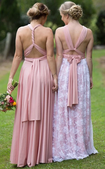 Floor-Length Chiffon Bridesmaid Dress with Ruched Short Sleeves and Bow