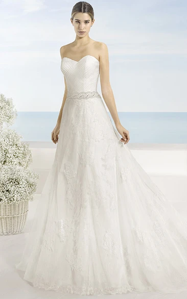 A-Line Lace Appliqued Wedding Dress with Criss Cross and Waist Jewelry Classic Bridal Gown