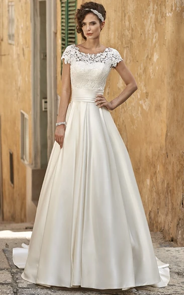 Short-Sleeve Lace Satin A-Line Wedding Dress