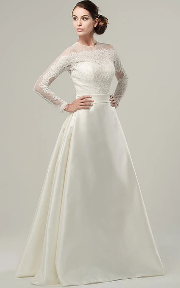 Illusion High Neck A-Line Satin Wedding Dress with Long Sleeves