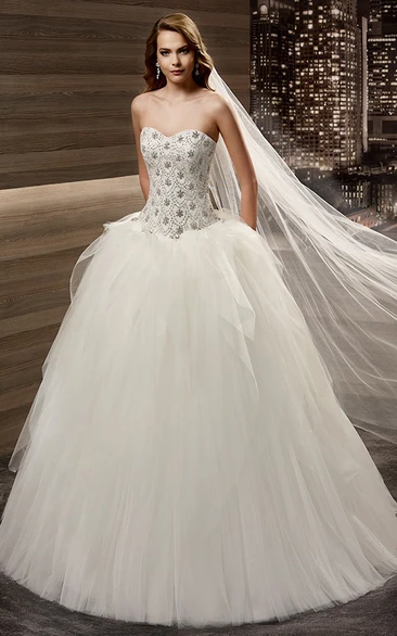 Floral Beaded Sweetheart A-line Wedding Dress with Ruffled Skirt