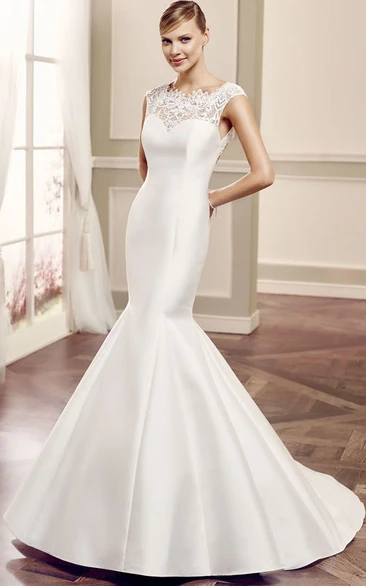 Cap-Sleeve Lace Satin Wedding Dress with Keyhole and Court Train Scoop Neck