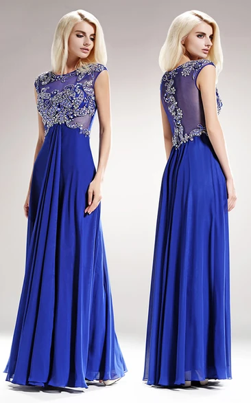 Empire Chiffon Illusion Cap-Sleeve Formal Dress with Beading and Pleats