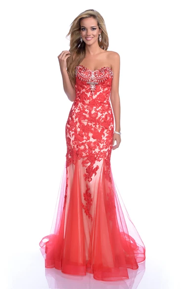 Rhinestone Bust Mermaid Tulle Formal Dress with Lace Appliques