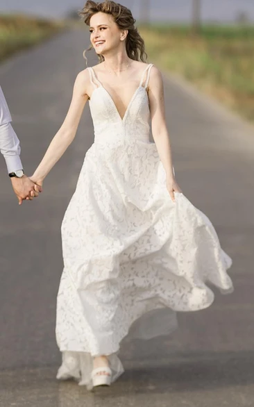 Adorable A-Line Plunging Neckline Lace Sleeveless Wedding Dress With Open Back