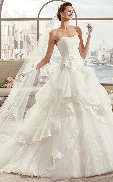 Strapless A-Line Wedding Dress with Asymmetrical Ruffles and Open Back