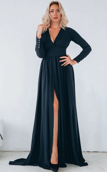 Jersey V-neck Evening Dress with Ruching and Split Front Casual A Line Evening Dress