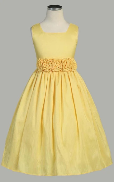 Tea-Length Taffeta Flower Girl Dress with Tiered Skirt