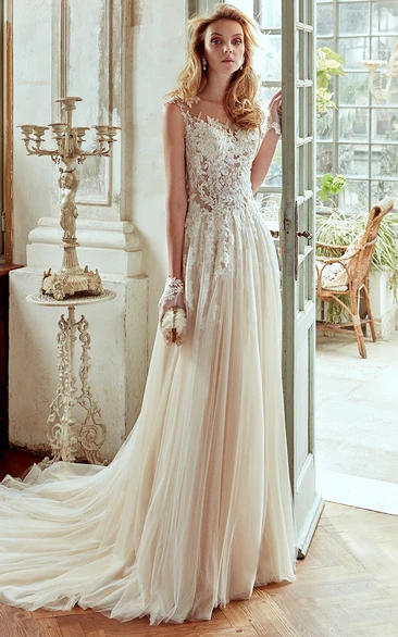 Pleated Skirt Strap-Neck Wedding Dress with Lace Appliqued Bodice Classy Wedding Dress Women