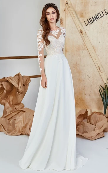 Modest Satin Applique A-Line Wedding Dress with Sweep Train