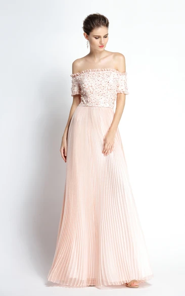 A-Line Off-the-shoulder Chiffon Prom Dress with Beading Knee-length Short Sleeve