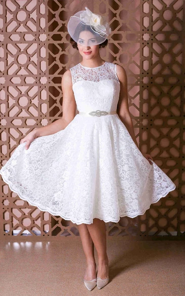 Jeweled Lace Knee-Length Wedding Dress with Scoop and Bow