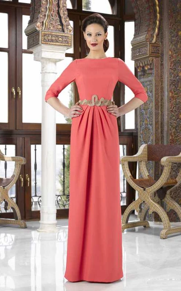 Jeweled Chiffon Mother Of The Bride Dress with 3-4 Sleeves and Jewel Neck