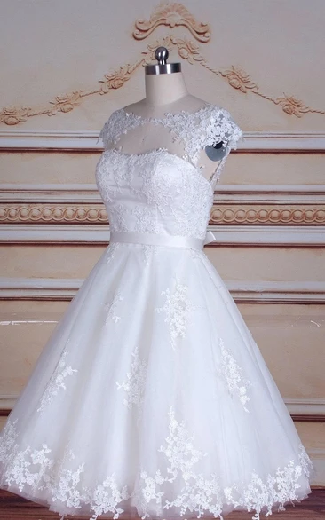 Cap Sleeve Tea-Length Tulle Lace Satin Dress with Keyhole Back Classy Bridesmaid Dress