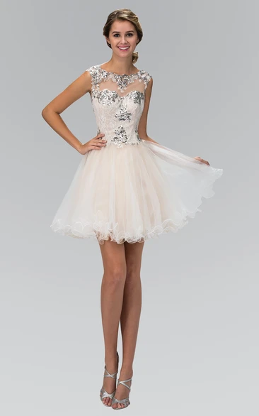 Cap-Sleeve A-Line Tulle Dress with Lace and Sequins Short Prom Dress