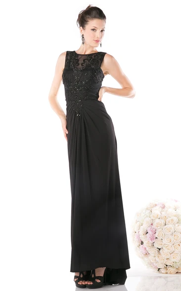 Chiffon Illusion Sheath Bridesmaid Dress with Beading and Ruching Long Scoop-Neck Sleeveless