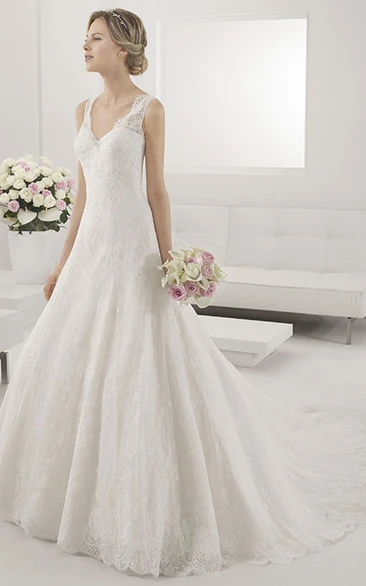 A-Line Lace Wedding Dress with V-Neck and Illusion Straps