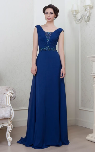 A-Line Ruched Chiffon Evening Dress + V-Neck + Beading + Flowy