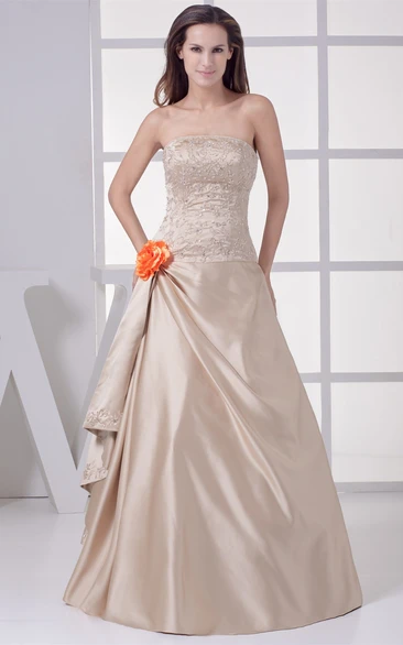 Strapless A-Line Satin Evening Gown with Beading Formal Dress